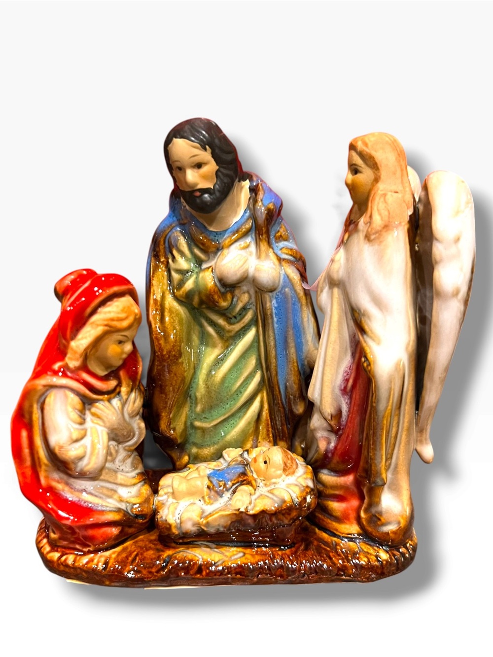 Vintage Porcelain Glazed Nativity, Jesus, Mary, Joseph & Angel In Box E-5